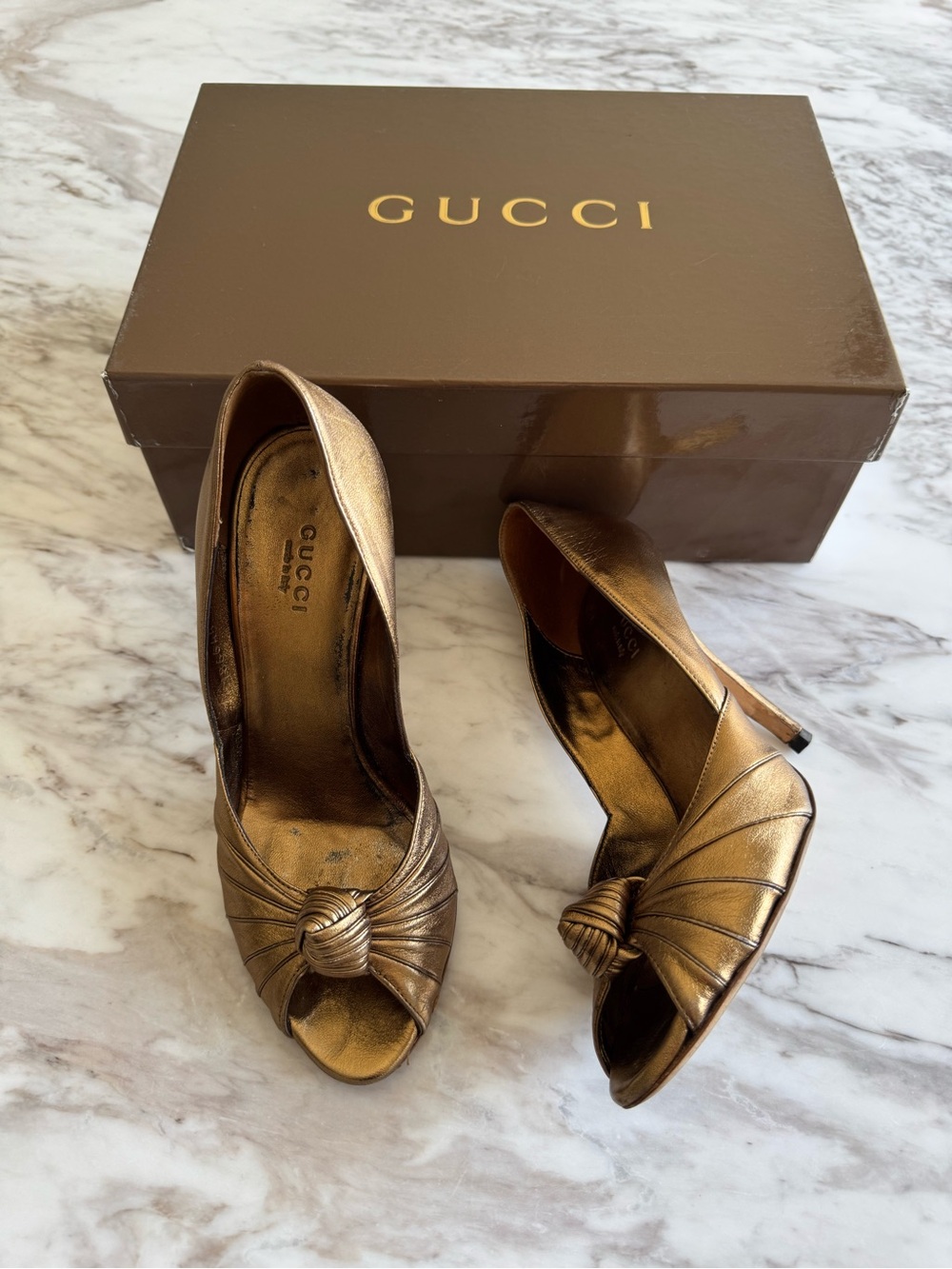 Gucci Women's Metallic Bronze Knot Peep-Toe Pumps